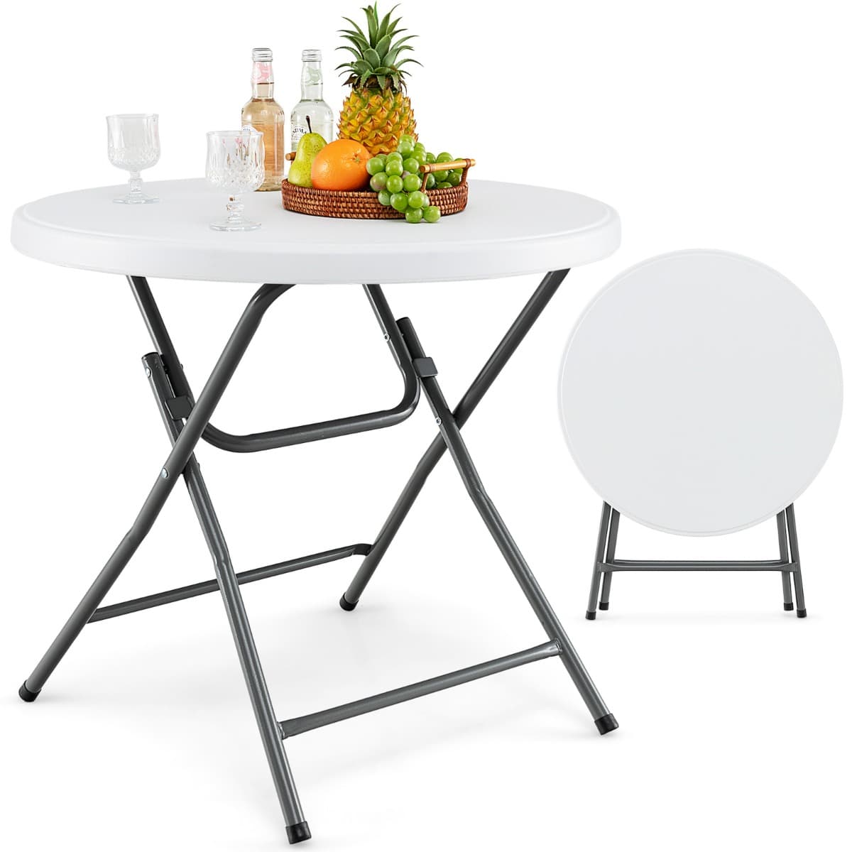CostwayTable Ronde Pliante de 81cm Table en Plastique Ronde avec Plateau Épaissi en HDPE Pieds en Métal Robustes et Patins Antidérapants