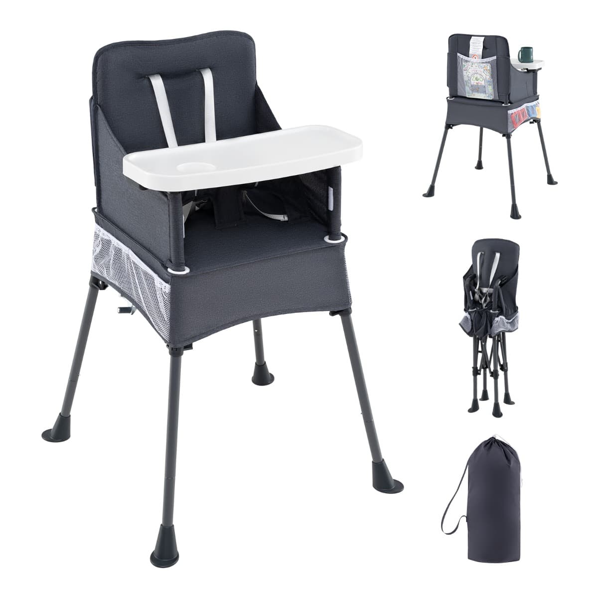 CostwayChaise Haute Portable pour Voyage Chaise d'Alimentation Pliable avec Plateau Réglable à 2 Niveaux Ceinture de Sécurité pour 6-36 Mois Gris
