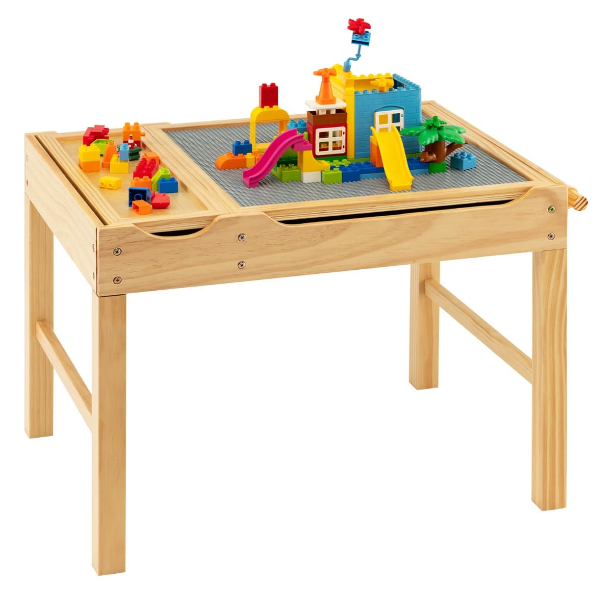 Costway2 en 1 Table de Blocs de Construction Enfants avec Plateau Réversible Table Multi-activités en Bois avec Rouleau de Papier 3 Ans+ Naturel